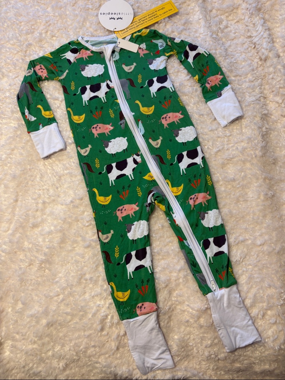 Little Sleepies Green Farm Animal Zipper Footie Pajamas 12-18M NWT